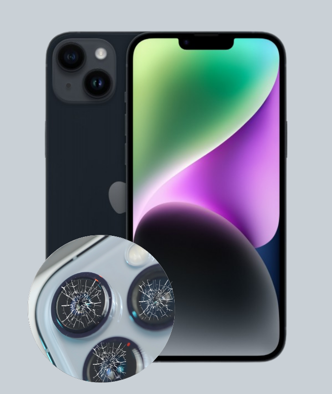iPhone mit beschädigtem Kameraglas, das den Bedarf an einer Kameraglas-Reparatur zeigt.