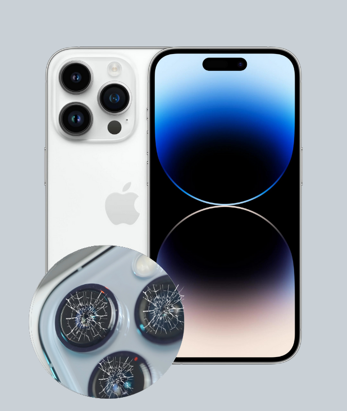 iPhone mit beschädigtem Kameraglas, das den Bedarf an einer Kameraglas-Reparatur zeigt.