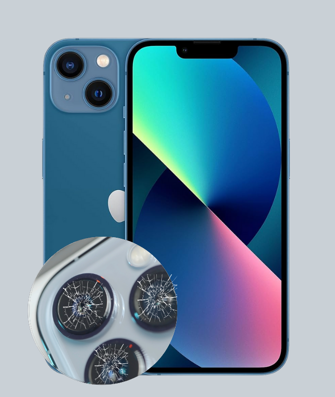 iPhone mit beschädigtem Kameraglas, das den Bedarf an einer Kameraglas-Reparatur zeigt.