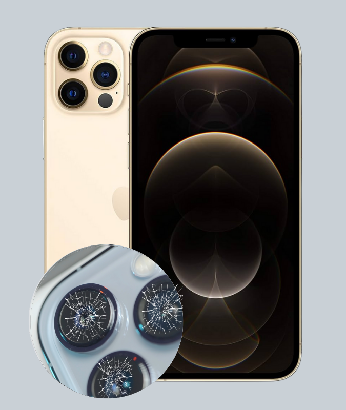 iPhone mit beschädigtem Kameraglas, das den Bedarf an einer Kameraglas-Reparatur zeigt.