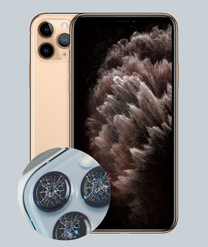iPhone mit beschädigtem Kameraglas, das den Bedarf an einer Kameraglas-Reparatur zeigt.